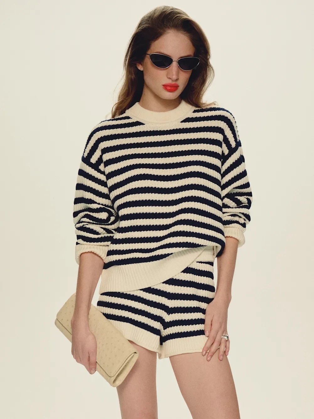 Reformation Collie Cotton Shorts In Navy Fior Di Latte Textured Stripe, NWOT.
